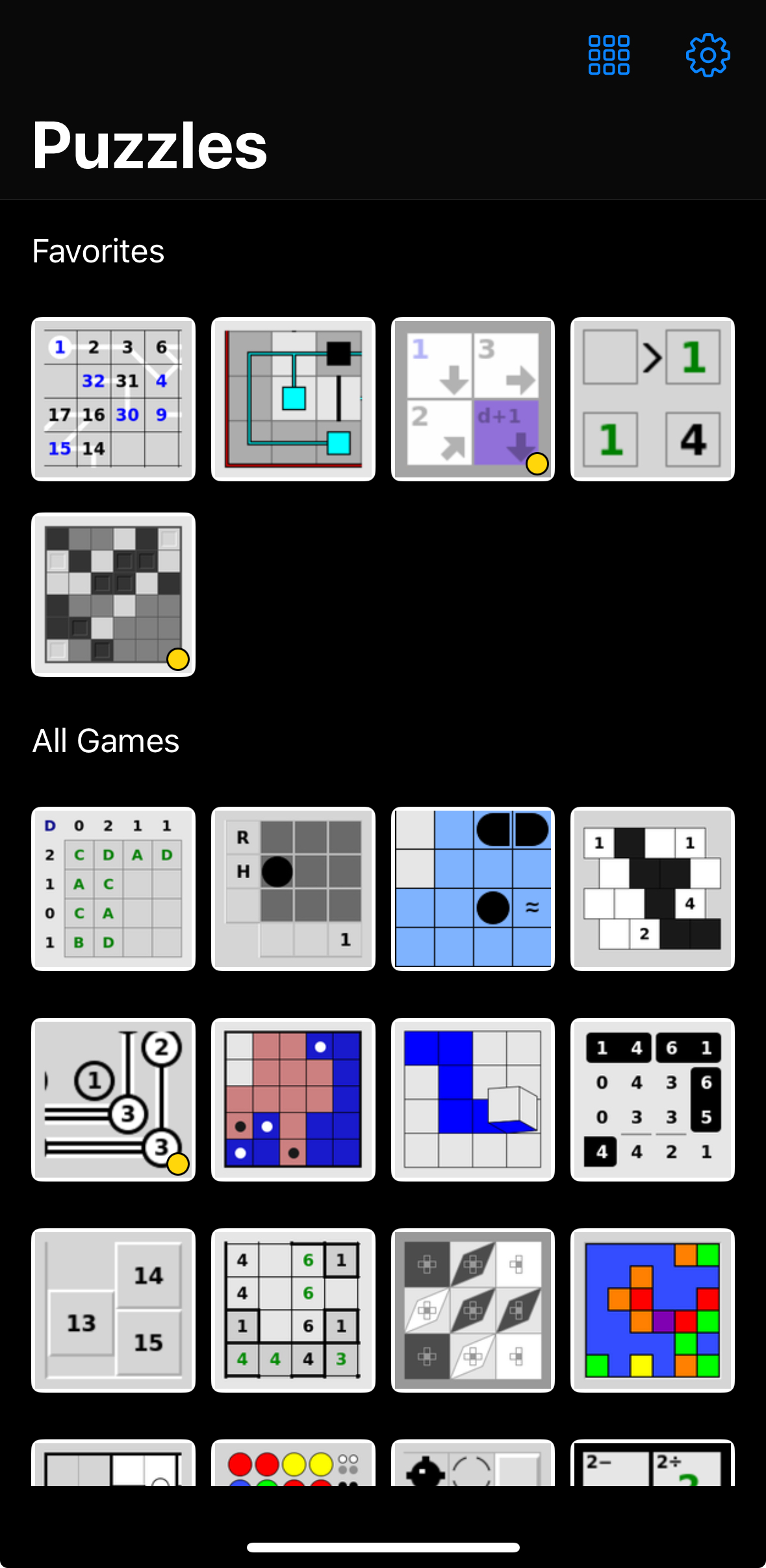 Image of the puzzles app homepage, in tile view and showing sorted favorites